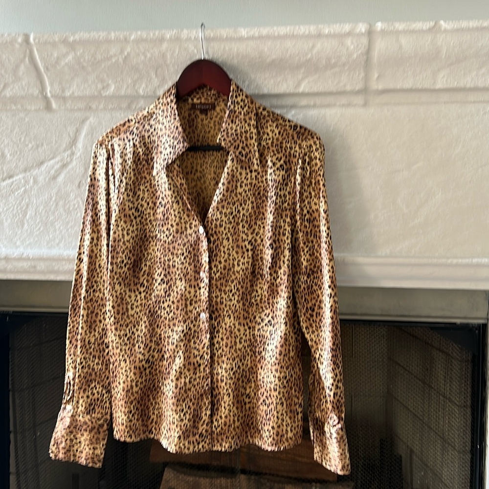 Tesori Animal Print Silk Button Down Shirt